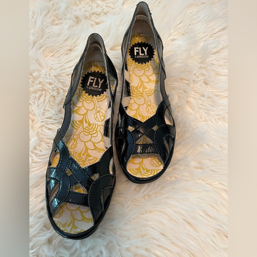 Fly London, black, patent, leather sandals